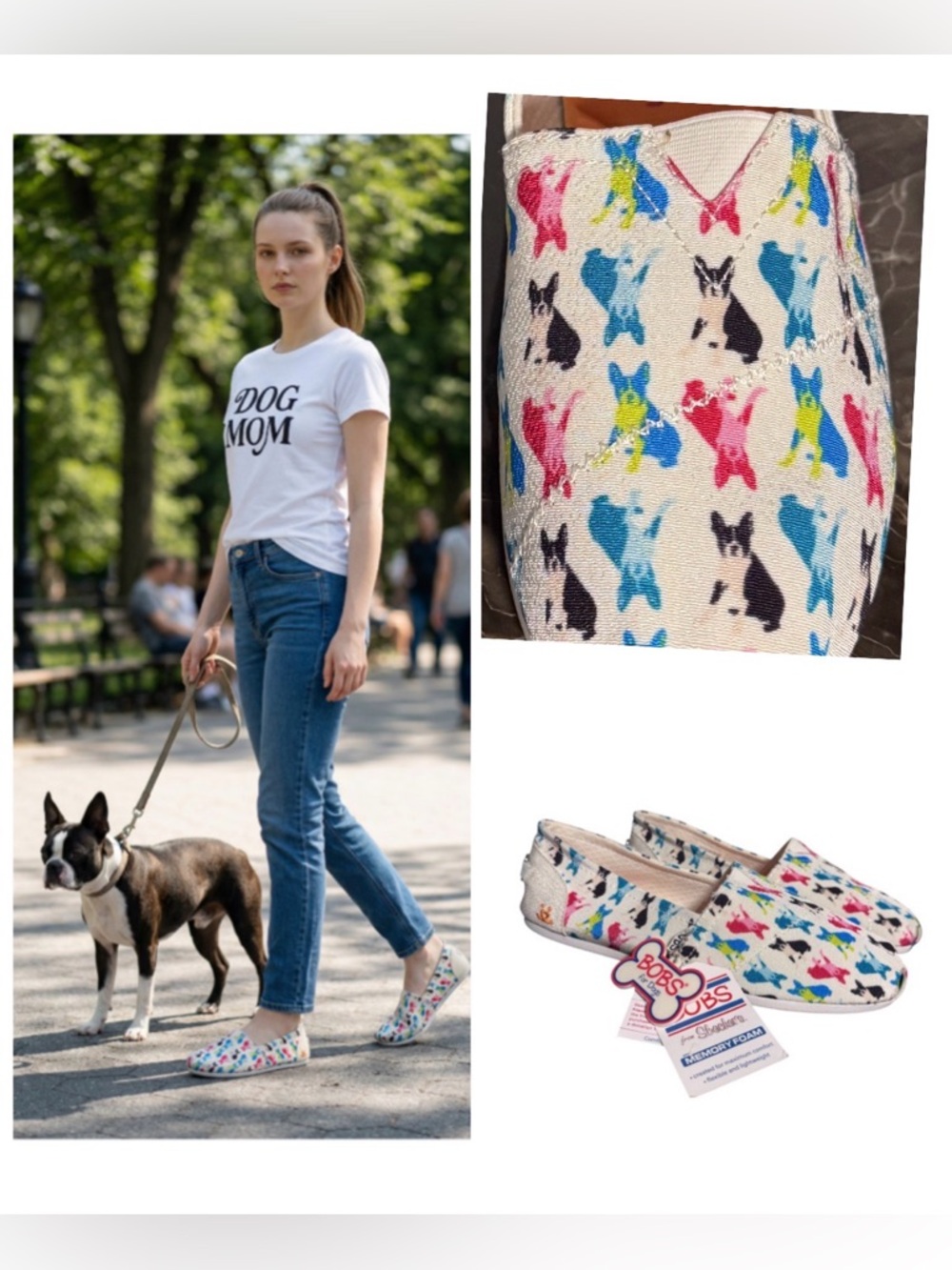 Skechers BOBS slip-on flats memory foam all-over Boston Terrier Dog print 8.5